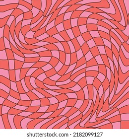 Checkered background with distorted squares. Trippy grid retro checkerboard pattern in 1970s style. Psychedelic chessboard vector illustration for decor and design.