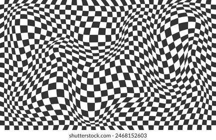 Checkered background with distortion effect. Abstract black and white background, distorted checkered pattern. Chessboard surface. Abstract banner with distortion. Vector illustration.