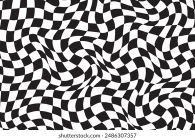 Checkered background with distortion effect. Abstract black and white background, distorted groovy twisted grid. Chessboard surface as abstract banner with distortion.