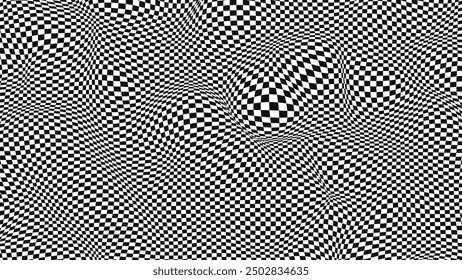 Fondo A Cuadros Con Efecto Distorsión. Abstractas Fondo Blanco Y Negro, Patrón A Cuadros Distorsionado. Superficie del tablero de ajedrez. Anuncio Abstractas Con Distorsión. Ilustración vectorial.