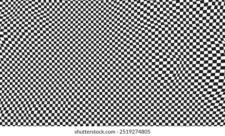 Checkered Background With Distortion Effect. Abstract Black And White Background, Distorted Checkered Pattern. Chessboard Surface. Abstract Banner With Distortion. Vector Illustration.