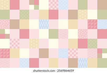 A checkered background featuring traditional Japanese patterns in pale colors