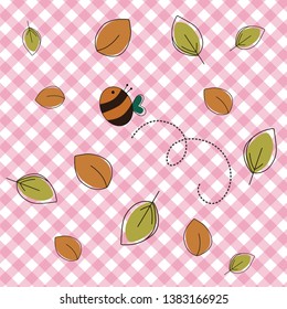 checkered background with leaves and bee ,for kids