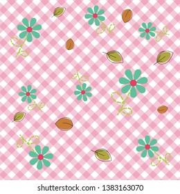 checkered background with leaves and flowers