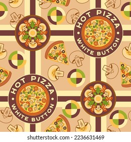 Checkered background with mushroom pizza. Logo, elements in simple geometric style. Seamless pattern. Good for branding, decoration of food package, cover design, decorative print, background.