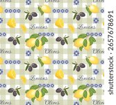 Checkered background with olives and lemons.Vector seamless pattern with lemons, olives and decor on a colored checkered background.