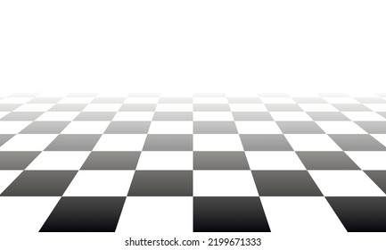 Checkered background in perspective. Black and white square pattern with vanishing effect.