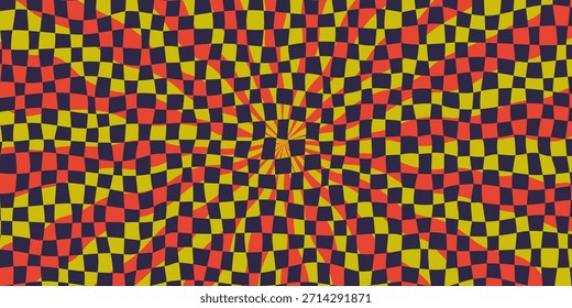 Fundo quadriculado com grade ondulada vermelha, amarela e preta formando raios de explosão solar psicodélica. Composição de raio em negrito estilo punk. Ilustração vetorial