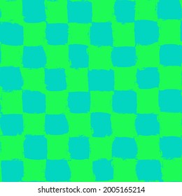 Checkered background. Seamless pattern from brush strokes in trendy neon green and blue colors. Hand drawn chessboard ornament. Painted grunge design. Tile vector