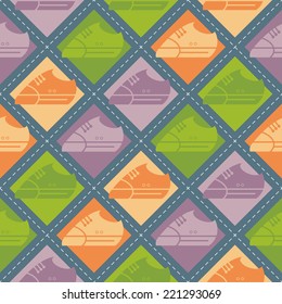 The checkered background with silhouette of stylized shoes, vector seamless pattern