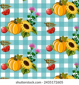 Checkered background with sunflower and pumpkin.Vector seamless pattern with sunflowers, pumpkins and red berries on a blue checkered background.