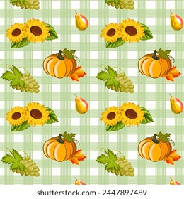 Fondo a cuadros con girasoles.Patrón sin fisuras de Vector con girasoles, calabazas y uvas sobre un fondo a cuadros de colores.