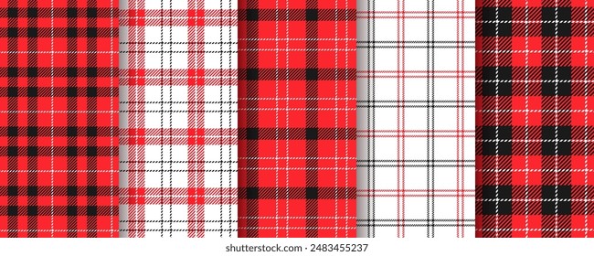 Checkered background. Tartan red black seamless pattern. Set check print. Lumberjack table cloth texture. Flannel gingham tablecloth. Plaid Christmas cloth. Kitchen napkin textile. Vector illustration