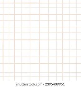 Checkered background. Uneven beige lines on a white background. Seamless abstract hand-drawn pattern. 