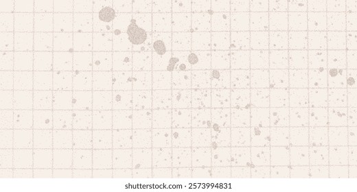 Checkered beige paper sheet with ink splashes. Gritty halftone dots and paint drips, raw texture. Stains and watercolor splashes, grunge feel.