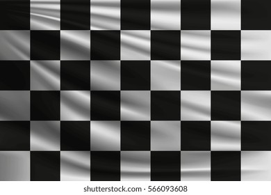 Checkered black and white flag racing. The symbol of the race on wavy silk fabric. Realistic vector illustration.