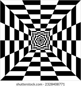 Checkered black and white tunnel abstraction, black  white tunnel illustion