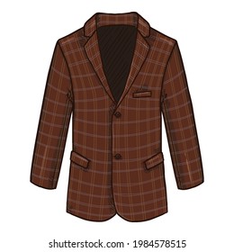 Checkered Blazer. Retro Suit Brown Jacket Vector Cartoon Illustration.