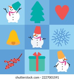 Schneemänner und Weihnachtssymbole sind nach blauem Muster sortiert. Für Textilien, Umhüllungspapier, Verpackung.