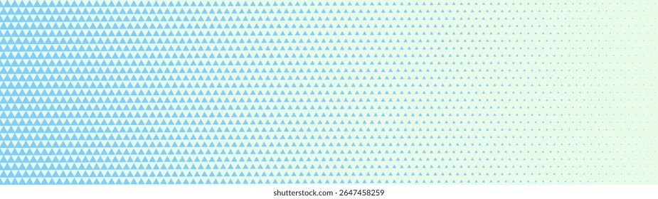 Checkered blue triangles grid halftone pattern faded gradient ultra wide 32:9 aspect ratio vector light abstract background. Half tone chequered structure panoramic ultrawide format clean abstraction