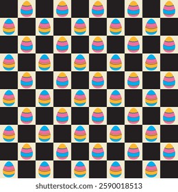 Checkered board bright artistic Easter Egg shape seamless pattern. Abstract decorative geometrical grid. Black white retro shades color palette. Graphical ornamental background. Vector illustration