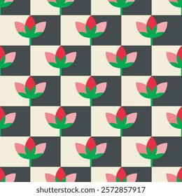 Checkered board bright flower shape abstract seamless pattern. Decorative geometrical grid. Black white pink shades vintage colours palette. Graphical ornamental background. Cute vector illustration