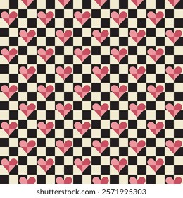 Checkered board, bright heart shape abstract seamless pattern. Decorative geometrical grid. Black white pink shades vintage colours palette. Graphical ornamental backrgound. Vector illustration