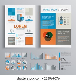 Checkered brochure template design with blue, orange and gray square shapes. Cover layout and infographics