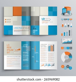 Checkered brochure template design with blue, orange and gray square shapes. Cover layout and infographics