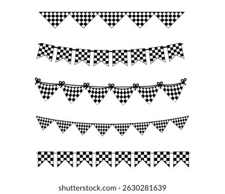 Checkered Bunting Flags Garland Vector Illustration for Racing Themes in Black and White Style for Sports Events