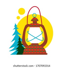 
Checkered camping lantern on a background of spruce forest. Isolated objects on a white background. Vector cartoon illustration. 