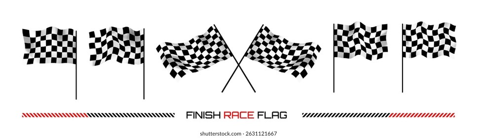 Checkered car rally finish 3d race flag on poles set isolated. Speed checker wave texture at motor road vector illustration. Retro formula background representing speed, victory, and competition end
