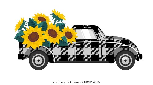 Checkered car with sunflowers. Delivery of sunflowers. Vector illustration.