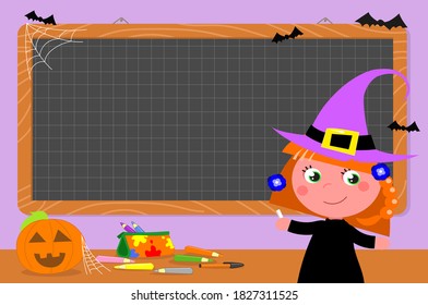 Tablero de tiza en clase escolar con decoración de Halloween e ilustración vectorial de la escuela de brujas