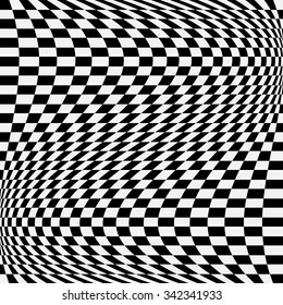 Checkered, chequered pattern with wavy distortion. Vector art.