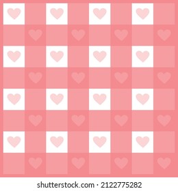 Checkered, chequered, squares seamless pattern. Checkerboard, chess board repeatable texture. pink and white squares, geometric wallpaper backdrop Quadrilateral. pink heart pattern