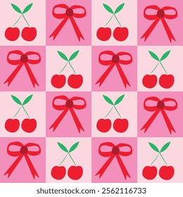 Checkered cherries and red bows seamless pattern on white and pink checkerboards. For stationary, textile and fabric 