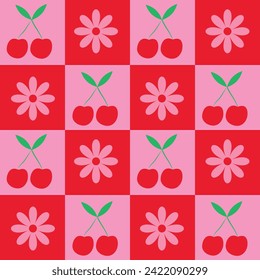 Checkered cherries and retro flowers seamless pattern on red and pink checkerboards. For fabric, textile and home décor 