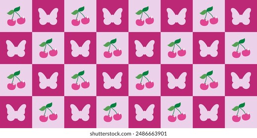 Checkered cherry with butterfly seamless pattern in pink colors. Retro 2000s print illustration for textile, wrapping paper, fabric, wallpaper, cover, print design, background. Vector