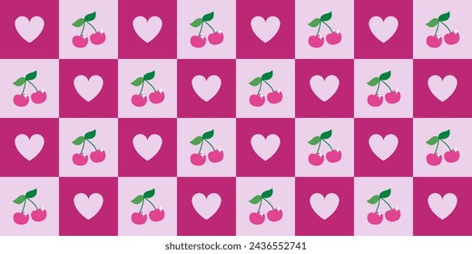 Checkered cherry with heart seamless pattern in pink colors. Vintage y2k print illustration in 2000s for background, textile, wrapping paper, fabric, wallpaper, cover design. Vector