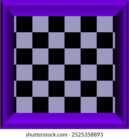 A checkered chessboard featuring alternating black and gray squares, bordered by a bold purple 3D frame, blending traditional game design with a vibrant, modern aesthetic.