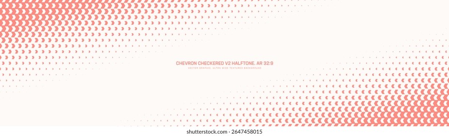 Checkered chevron halftone pattern angled frame ultra wide 32:9 aspect ratio white red vector abstract background. Chequered corner half tone graphic panoramic ultrawide format groovy abstraction
