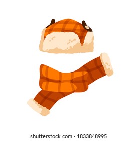 Checkered childish earflap hat and scarf. Winter orange cap with fur for children. Flat vector cartoon illustration of warm seasonal headwear for kids isolated on white background