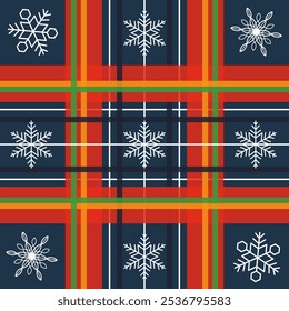 Checkered, Christmas design, blue with lines, snowflakes, seamless pattern