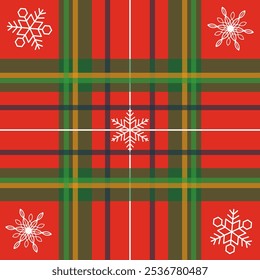 Checkered, Christmas design, red color with lines, snowflakes, seamless pattern