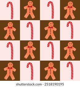 Checkered Christmas Gingerbread man cookie with striped candy cane on white and brown checkerboards seamless pattern. For Christmas wrapping paper, fabric and textile 