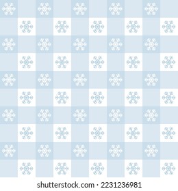 Checkered Christmas pattern with snowflakes. Seamless blue gingham background. Scandinavian winter vichy backdrop. Vector holiday print