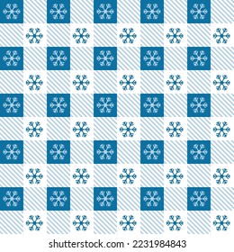 Checkered Christmas pattern with snowflakes. Seamless blue gingham background. Scandinavian winter vichy backdrop. Vector holiday print