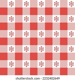 Checkered Christmas pattern with snowflakes. Seamless red gingham background. Scandinavian winter vichy backdrop. Vector holiday print