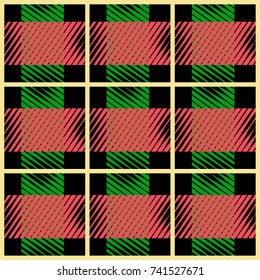 Checkered christmas seamless  pattern.Classical  red and green with gold colors print.Textile design for fabrics, wrapping paper, backgrounds, banners, invitations, dimensional decorations